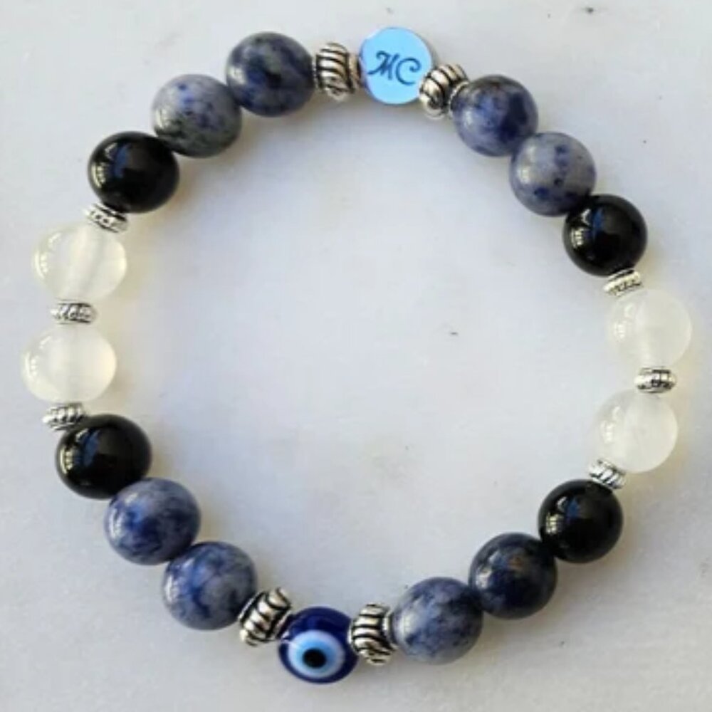 Natural Stone Evil Eye Bracelet (Selenite, Black Obsidian, Blue Sodalite)